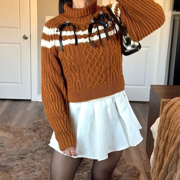 Maeve Sweaters - Anthropologie Maeve Turtleneck Balloon Sleeve Bow Sweater Cable Knit Preppy Sz S